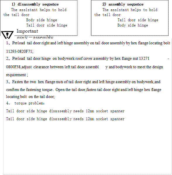 1) disassembly sequence
The assistant helps to hold the tail door
Body side hinge
Tail door side hinge
,2) assembly sequence
The assistant helps to hold the tail door
Tail door side hinge
Body side hinge

,Important work－assembly,1、Preload  tail door right and left hinge assembly on tail door assembly by hex flange locating bolt 11293-0820F71;
2、Preload  tail door hinge  on bodywork roof cover assembly by hex flange nut 13271-0800F38,adjust  clearance between left tail door assembly and bodywork to meet the design requirement ;
3、Fasten the two  hex flange nuts of tail door right and left hinge assembly on bodywork,and confirm the fastening torque.  Open the tail door,fasten tail door right and left hinge hex flange locating bolt  on the tail door;
4、 torque problem：  
Tail door side hinge disassembly needs 12mm socket spanner
Tail door side hinge disassembly needs 12mm socket spanner
   

