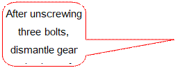 Speech Bubble: Rectangle with Corners Rounded: After unscrewing three bolts, dismantle gear selecting soft shaft bracket.