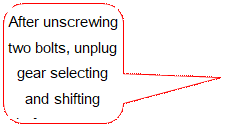 Speech Bubble: Rectangle with Corners Rounded: After unscrewing two bolts, unplug gear selecting and shifting shaft component and gear selecting and shifting seat.